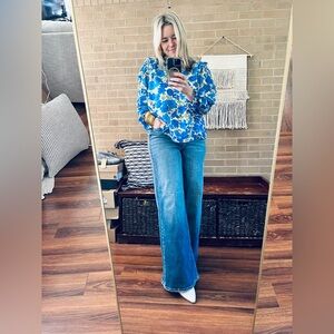 Sugarlips Blue and Olive Floral Tie-Neck Blouse